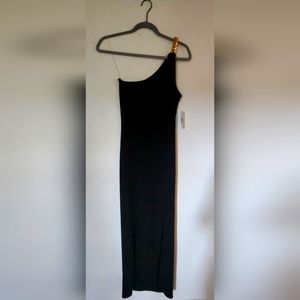 One shoulder Black midi dress with gold chain detail